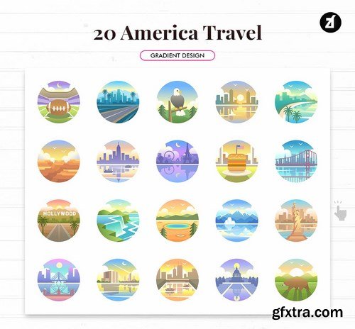 20 America travel rounded gradient elements