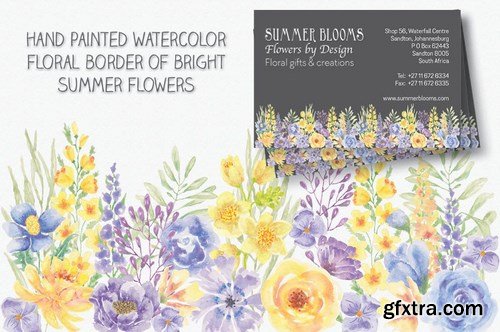 Summer Flowers Border and Elements in Watercolor