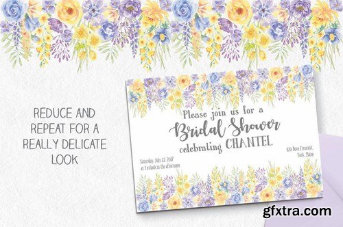 Summer Flowers Border and Elements in Watercolor