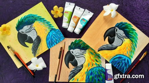 Acrylic Painting Techniques: Learn to paint a Colorful Macaw Parrot- Bird Painting for Beginners