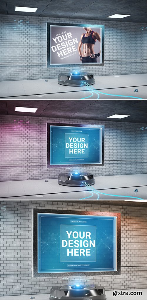 Indoor Billboard in Futuristic Scene Mockup 304760903