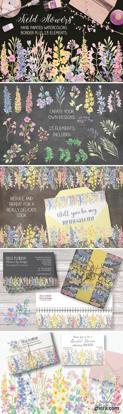 Field Flowers: Watercolor Border plus Elements