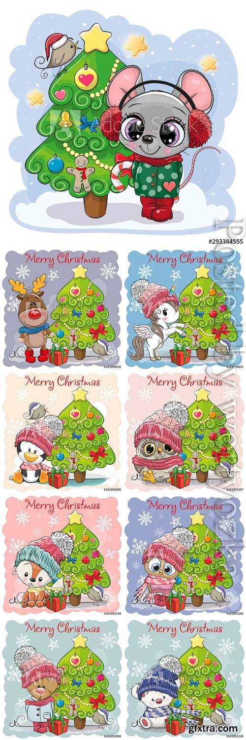 Cartoon animals at the christmas tree