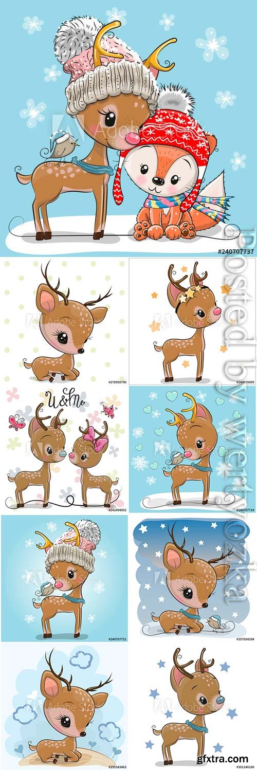 Cartoon fawn on a winter background