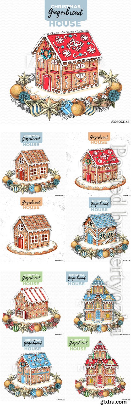 Hand drawing illustration of christmas gingerbread house and 