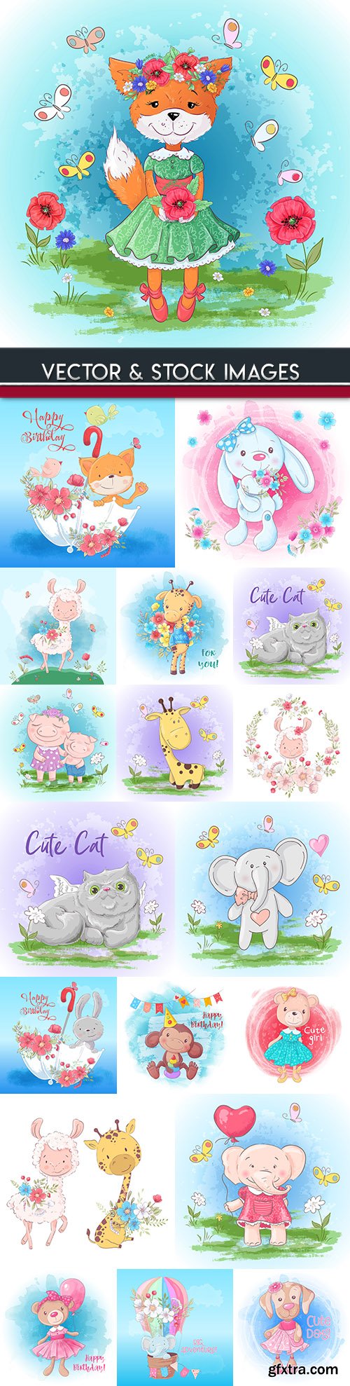 Funny cartoon animals flowers and flowers illustration