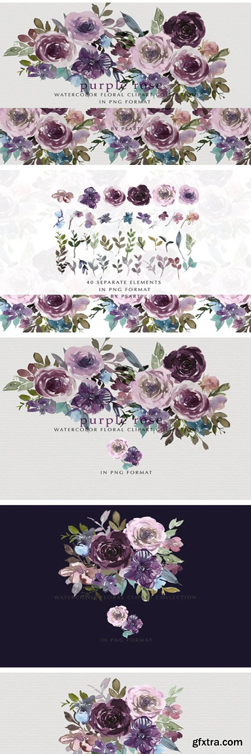 Purple Pink Watercolor Rose Clipart Set 2138360