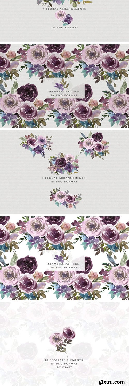 Purple Pink Watercolor Rose Clipart Set 2138360