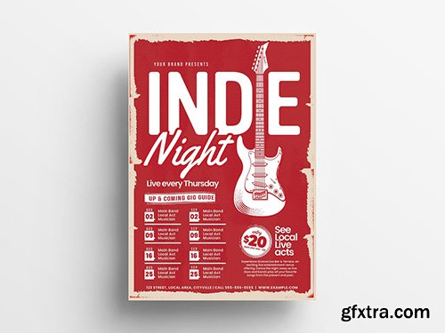 Red Event Flyer Layout with Grunge Texture and Guitar Illustration 305812143