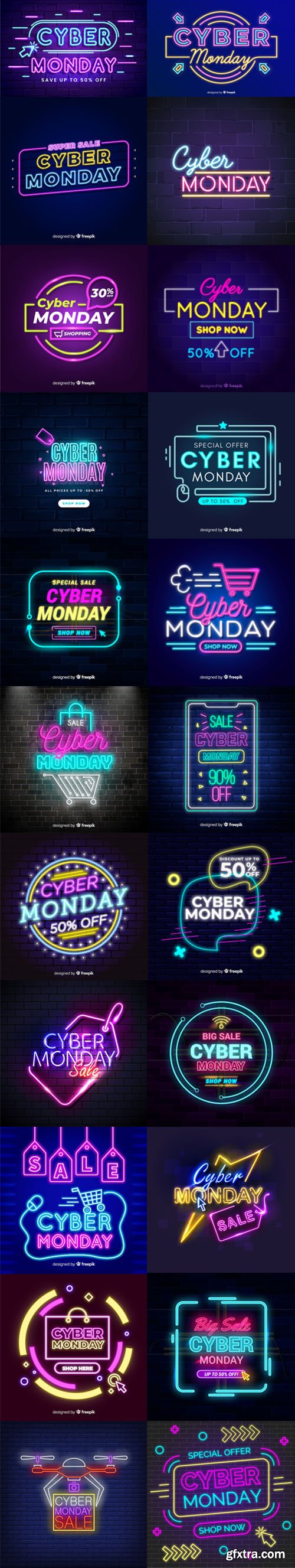 Cyber Monday Sales With Neon Lights Vector Collection