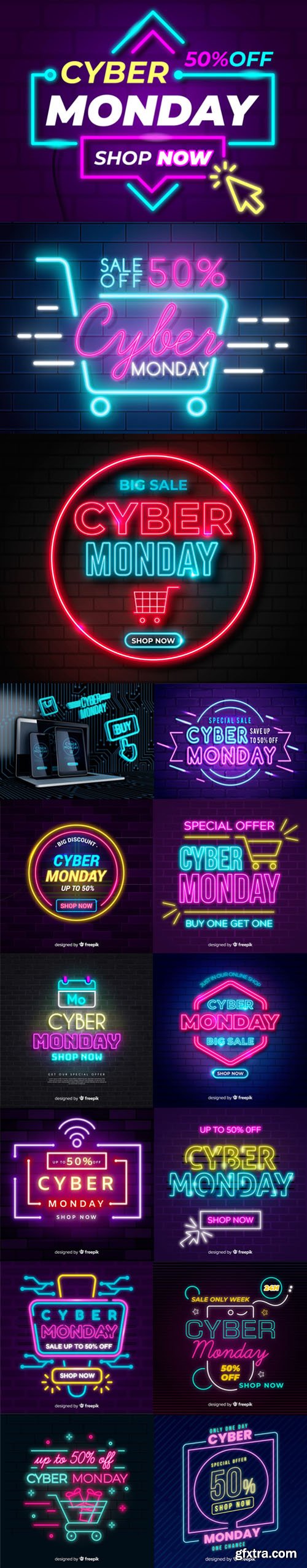 Cyber Monday Sales With Neon Lights Vector Collection