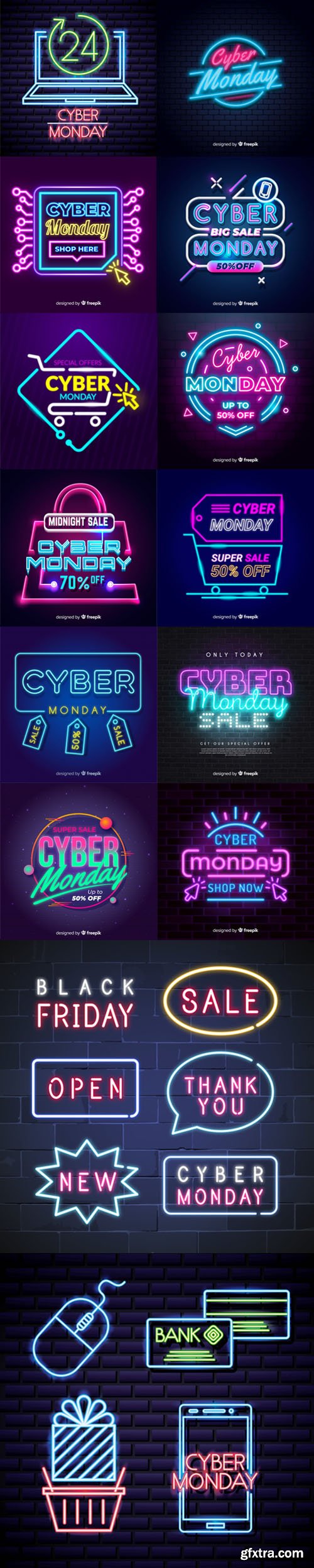 Cyber Monday Sales With Neon Lights Vector Collection