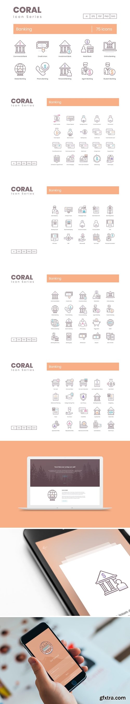 75 Banking Icons - Coral Series
