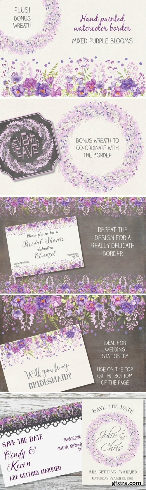 Watercolor Border in Mixed Purple Blooms