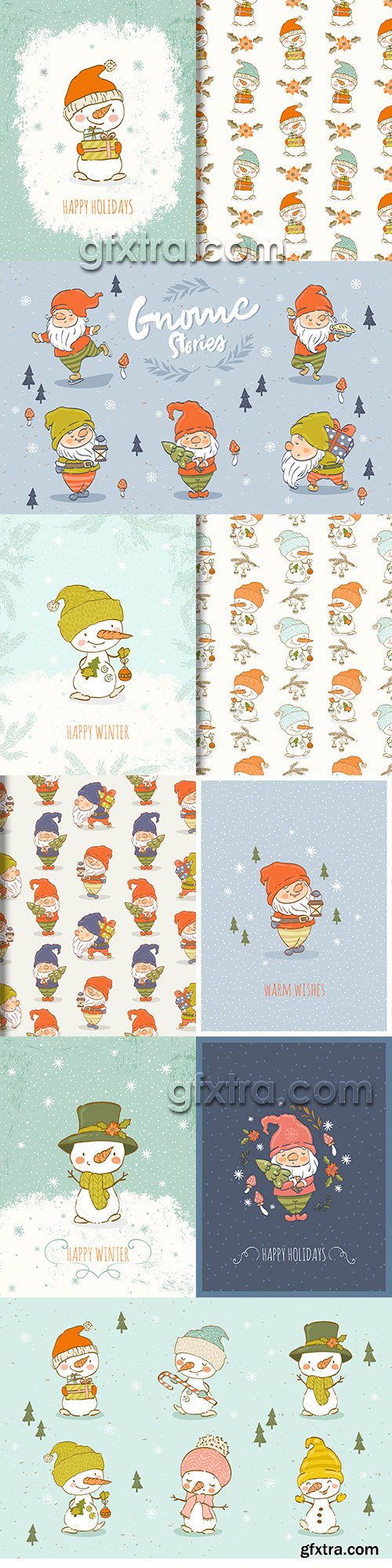 Funny snowman and New Year’s Santa watercolor illustrations