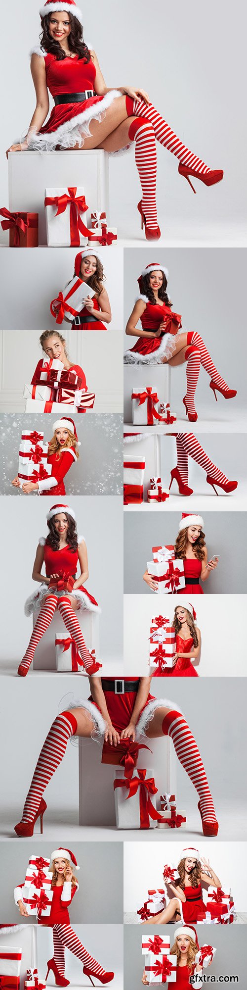 Beautiful girl in Christmas suit Santa with gifts