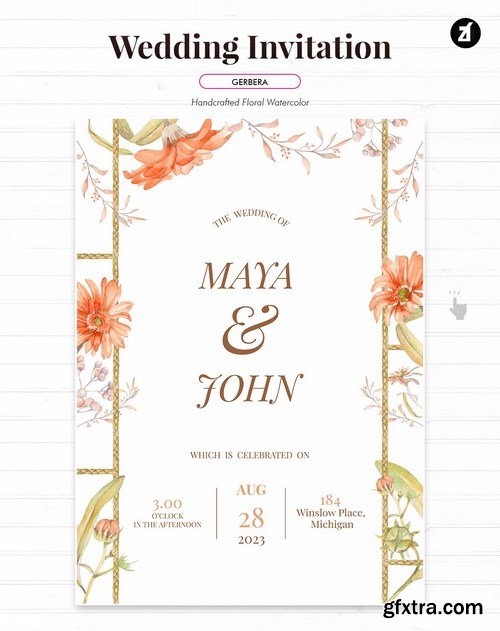 Floral Hand-drawn Watercolor Wedding Invitation 2