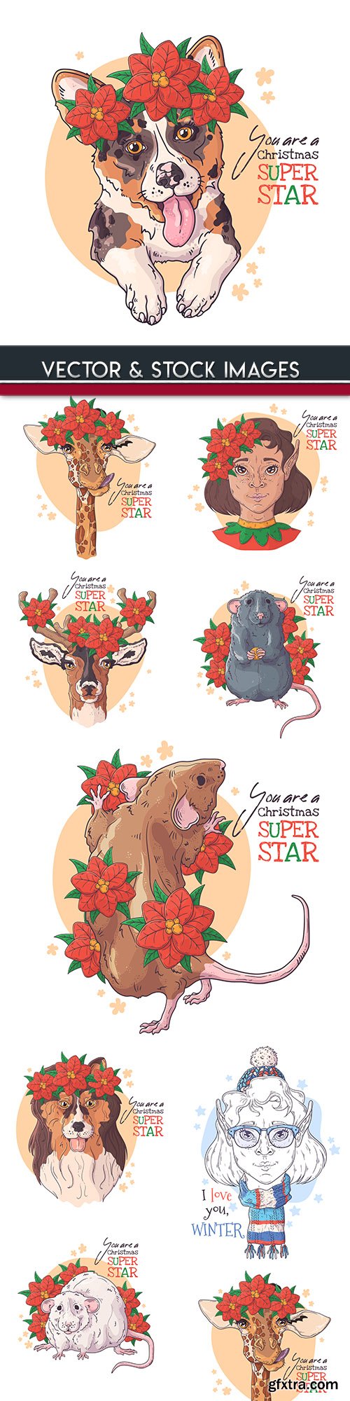 Sketch animals with flowers Christmas illustration