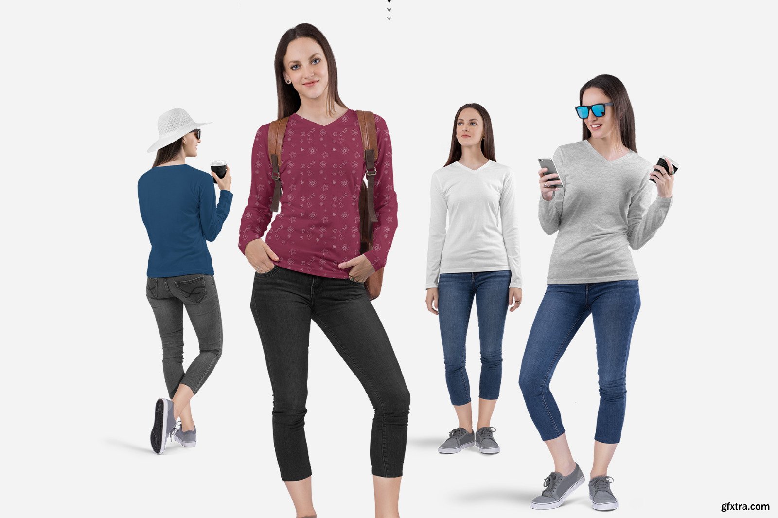 Download Women's V Neck Long Sleeve Shirt Mockup Set » GFxtra