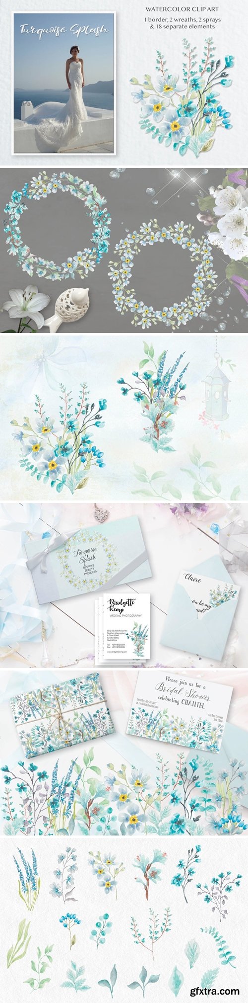 Turquoise Splash: Watercolor Clip Art Set