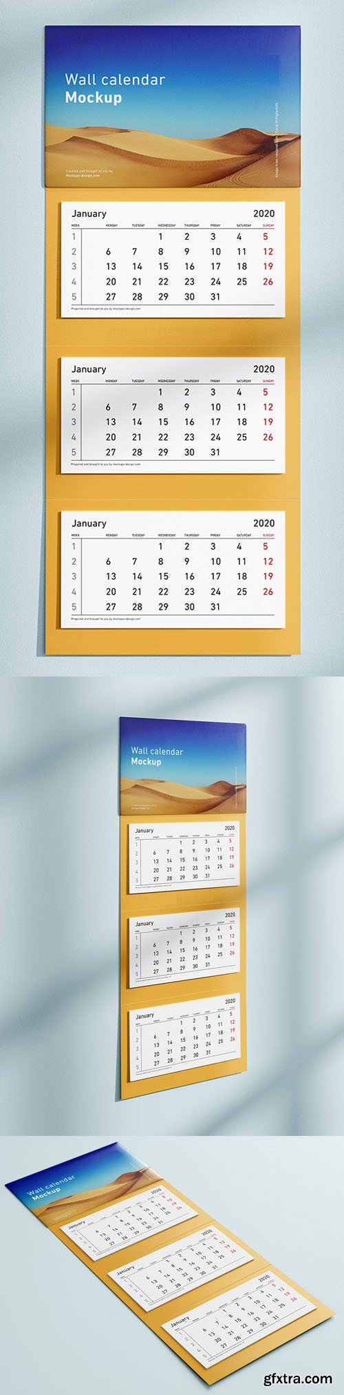 3 Panel Wall Calendar 2020 Mockup in PSD 