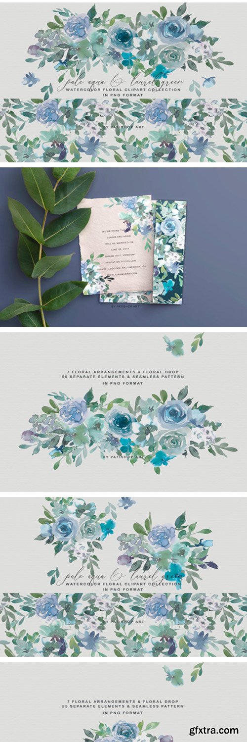 Pale Aqua &amp; Laurel Green Floral Clipart 2333578