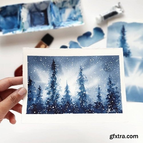 WATERCOLOR LANDSCAPE - BACKLIT SNOWY PINE TREES