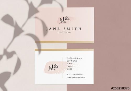 Business Card with Pink Brushtroke Element and Line Art Floral Illustration - 255258376 - 255258376