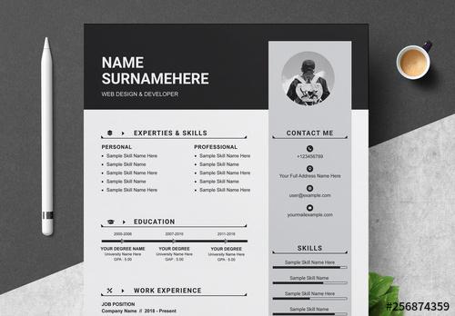 Resume and Cover Letter Layout with Grayscale Accents - 256874359 - 256874359