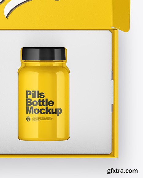 Opened Glossy Box with Pills Bottle Mockup 51387