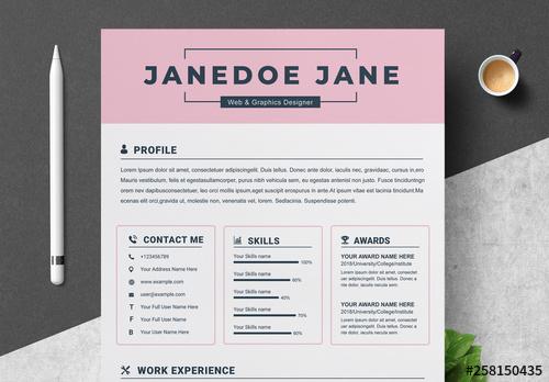 Resume and Cover Letter Layout with Pink Accents - 258150435 - 258150435