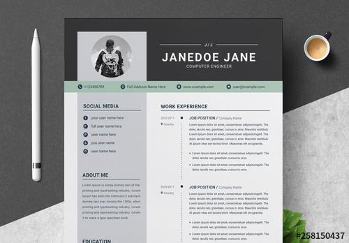 Resume and Cover Letter Layout with Gray and Green Accents - 258150437 - 258150437