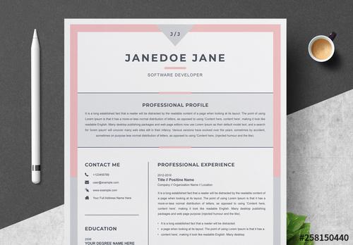 Resume, Cover Letter, and Reference Sheet Layout with Pink and Gray Border - 258150440 - 258150440