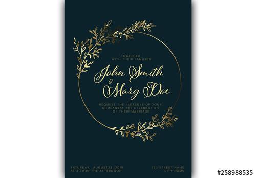 Wedding Invitation Layout with Gold Foliage Elements - 258988535 - 258988535