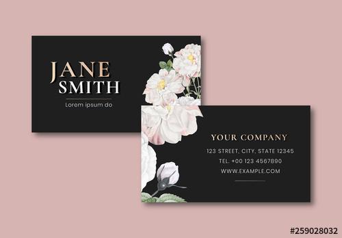 Business Card Layout with Floral Illustration - 259028032 - 259028032