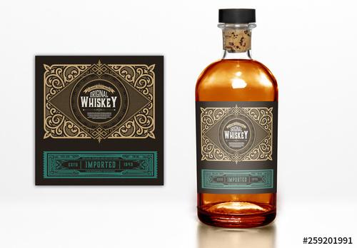 Vintage Whiskey Label Layout with Gold and Teal Elements - 259201991 - 259201991