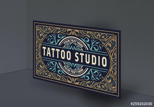 Vintage Tattoo Logo with Gold and Blue Elements - 259202030 - 259202030