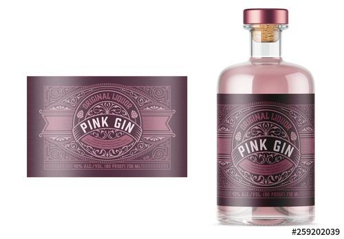 Vintage Gin Label Layout with Pink Elements - 259202039 - 259202039