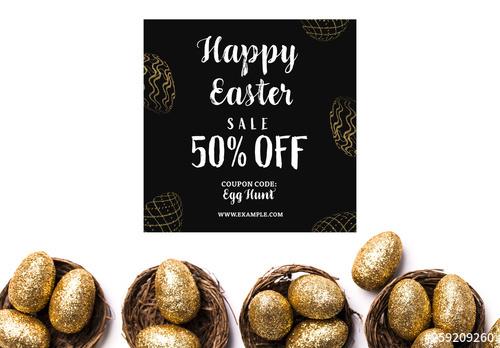 Happy Easter Sale Banner Layout with Gold Glitter Eggs - 259209260 - 259209260