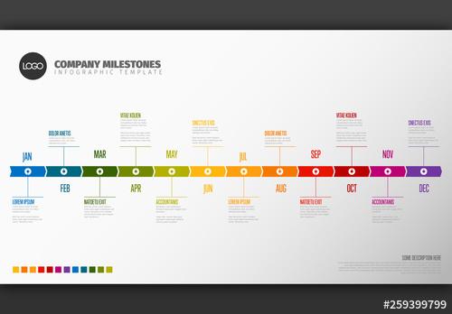 Rainbow Monthly Full Year Timeline Layout with Connected Arrows - 259399799 - 259399799