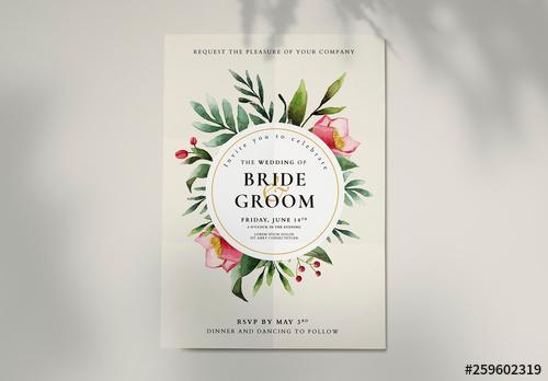 Wedding Invitation Layout with Watercolor Floral Elements - 259602319 - 259602319