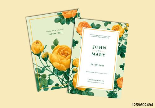 Wedding Invitation Layout with Yellow and Green Floral Elements - 259602494 - 259602494