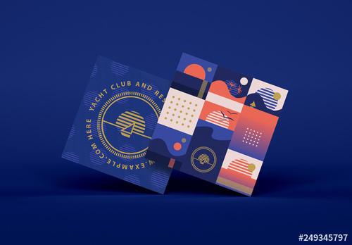 Square Business Card Layout with Retro Sunrise Icons - 249345797 - 249345797