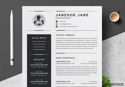 Black and White Resume, Cover Letter, and Reference Sheet Layout - 250472525 - 250472525