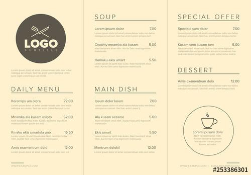 Pale Yellow Restaurant Menu Layout with Line Art Illustrations - 253386301 - 253386301