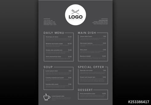 Dark Gray Restaurant Menu Layout with Line Art Illustrations - 253386417 - 253386417