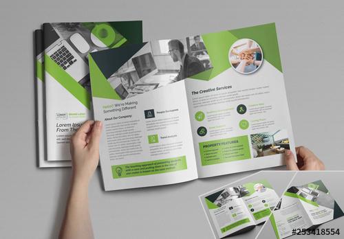 Bifold Brochure Layout with Green Accents - 253418554 - 253418554