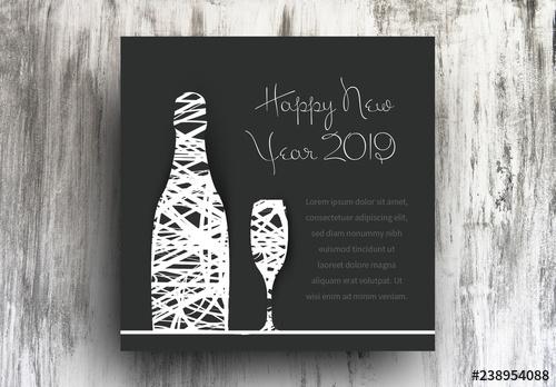 New Years Card Layout with Bottle and Glass Illustration - 238954088 - 238954088