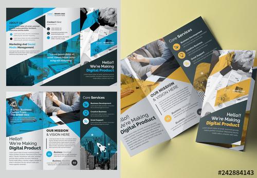 Trifold Brochure Layout with Blue and Yellow Elements - 242884143 - 242884143