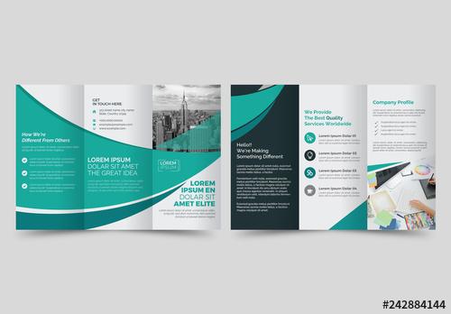 Trifold Brochure Layout with Blue and Green Accents - 242884144 - 242884144